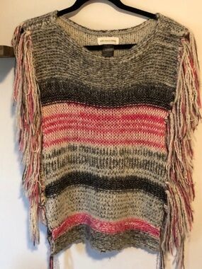 EUC Isabel Marant Fringed Striped Crewneck poncho vest in Pink and Gray